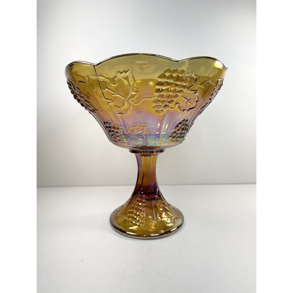 Vintage Indiana Harvest Grape Marigold‎ Carnival Glass Large Compote Bowl